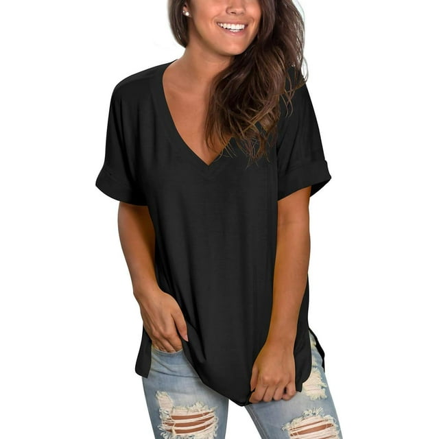 Women's V Neck T Shirts Casual Rolled Short Sleeve Side Split Summer Tops Loose Fit