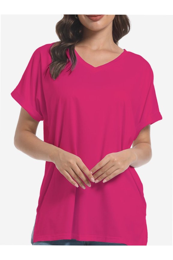 Women's V Neck T Shirts Casual Rolled Short Sleeve Side Split Summer Tops Loose Fit