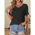 thumbnail image 1 of Women's V Neck T Shirts Casual Rolled Short Sleeve Side Split Summer Tops Loose Fit, 1 of 5