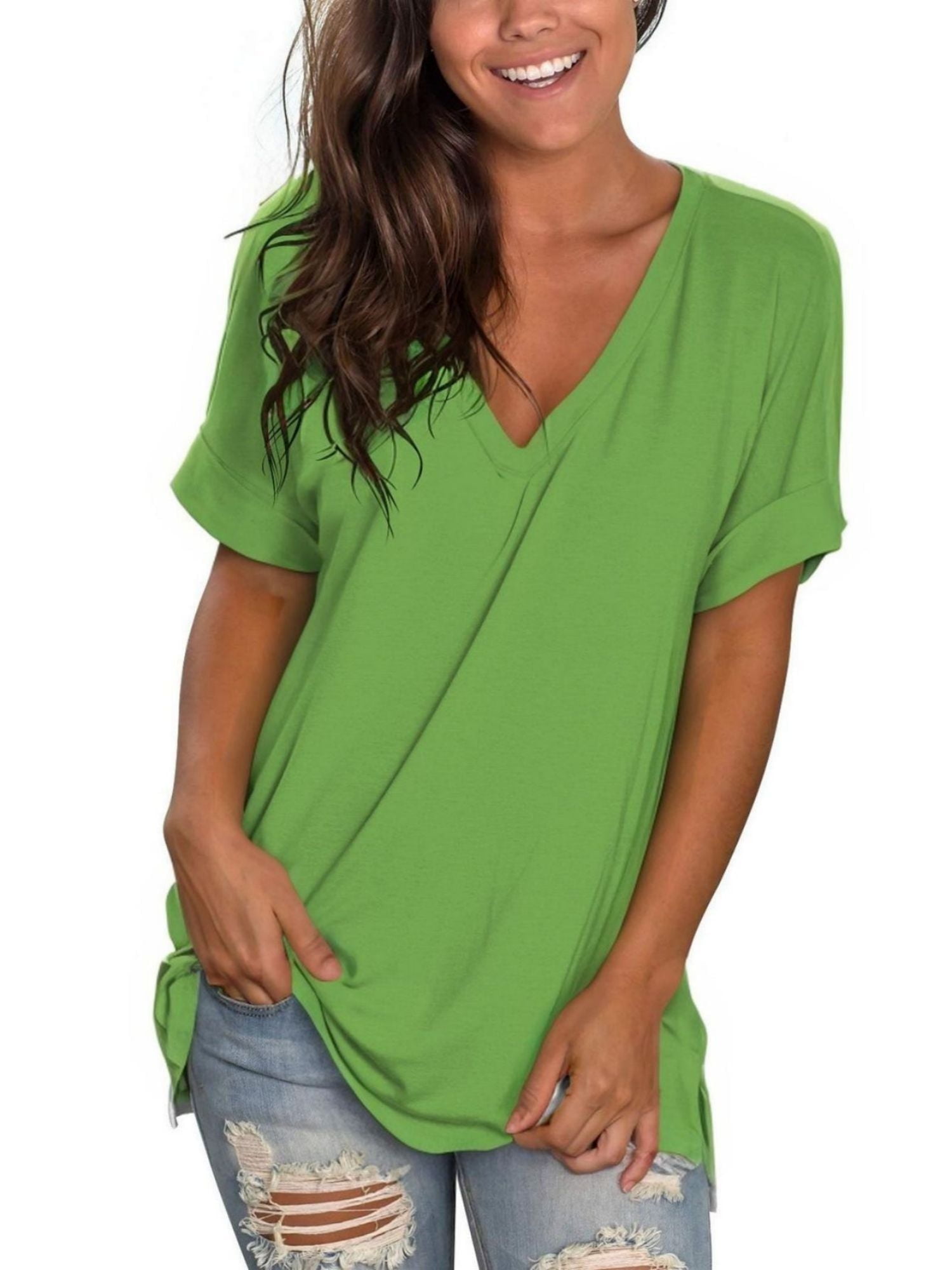 Women's V Neck T Shirts Casual Rolled Short Sleeve Side Split Summer ...