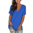 thumbnail image 1 of Women's V Neck T Shirts Casual Rolled Short Sleeve Side Split Summer Tops Loose Fit, 1 of 5