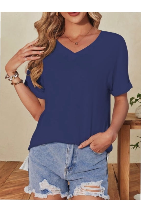 Women's V Neck T Shirts Casual Rolled Short Sleeve Side Split Summer Tops Loose Fit