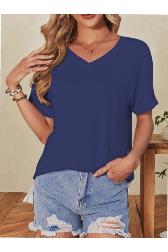 Women's V Neck T Shirts Casual Rolled Short Sleeve Side Split Summer Tops Loose Fit