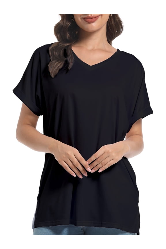 Women's V Neck T Shirts Casual Rolled Short Sleeve Side Split Summer Tops Loose Fit