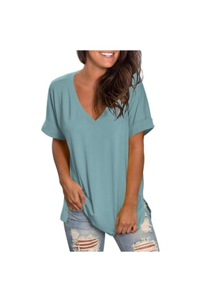 Women's V-Neck T-Shirts Casual Rolled Short Sleeve Side Split Summer Tops Loose Fit
