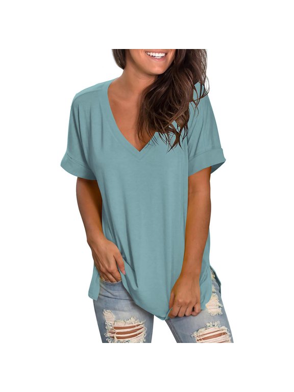 Women's V-Neck T-Shirts Casual Rolled Short Sleeve Side Split Summer Tops Loose Fit