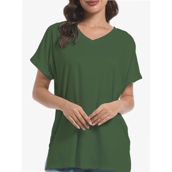 Women's Casual V-Neck T-Shirt - Short Sleeve Loose Fit Top with Side Split & Rolled Sleeve for Summer