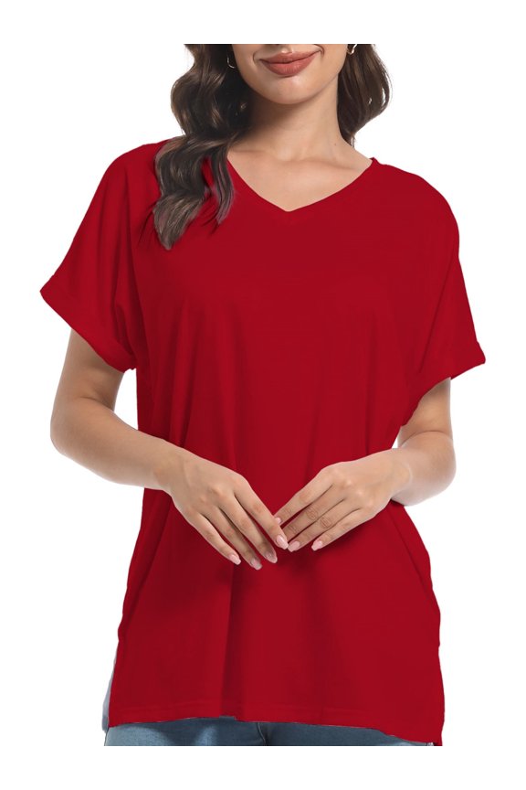 Women's V Neck T Shirts Casual Rolled Short Sleeve Side Split Summer Tops Loose Fit