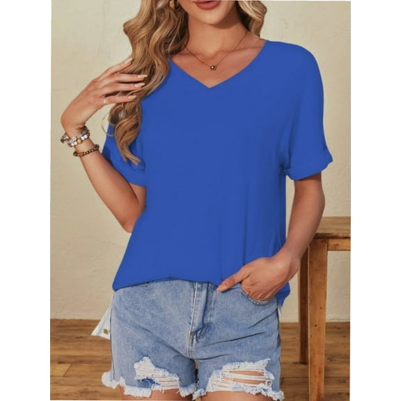 Women's V Neck T Shirts Casual Rolled Short Sleeve Side Split Summer Tops Loose Fit