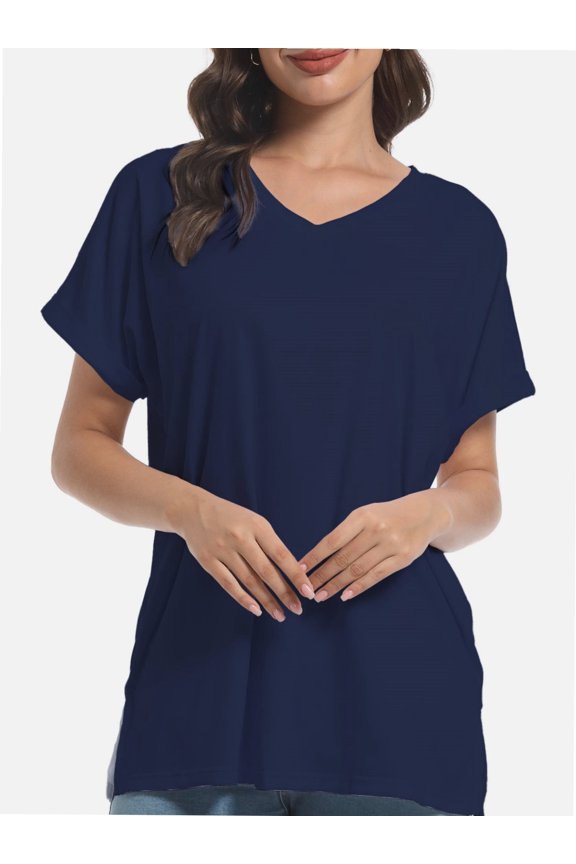 Women's V Neck T Shirts Casual Rolled Short Sleeve Side Split Summer Tops Loose Fit