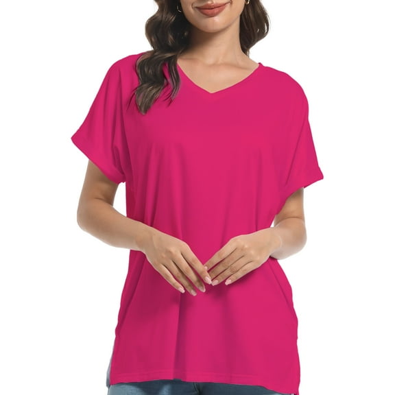 Women's V Neck T Shirts Casual Rolled Short Sleeve Side Split Summer Tops Loose Fit