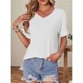 thumbnail image 1 of Women's V Neck T Shirts Casual Rolled Short Sleeve Side Split Summer Tops Loose Fit, 1 of 5