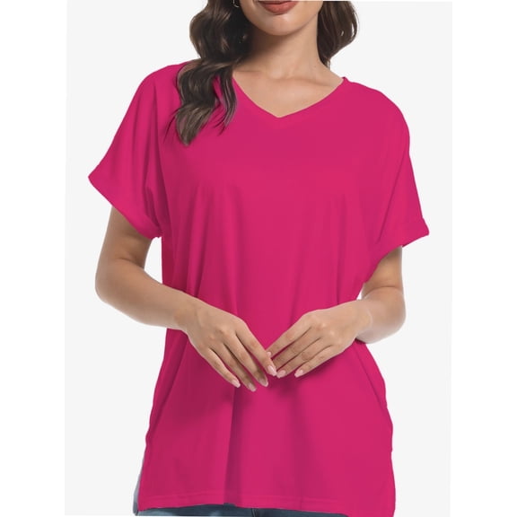 Women's Casual V-Neck T-Shirt - Short Sleeve Loose Fit Top with Side Split & Rolled Sleeve for Summer