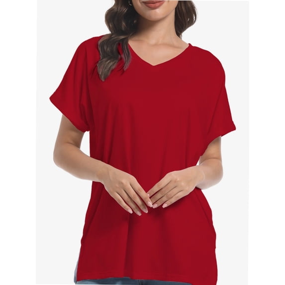 Women's Casual V-Neck T-Shirt - Short Sleeve Loose Fit Top with Side Split & Rolled Sleeve for Summer