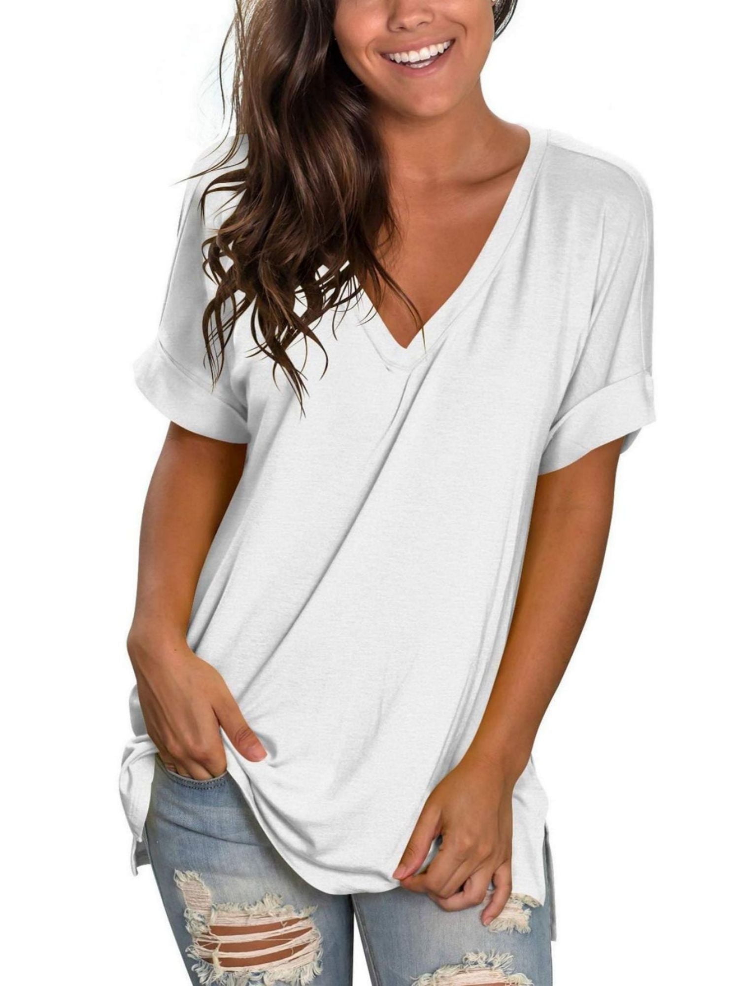 Women's V Neck T Shirts Casual Rolled Short Sleeve Side Split Summer ...