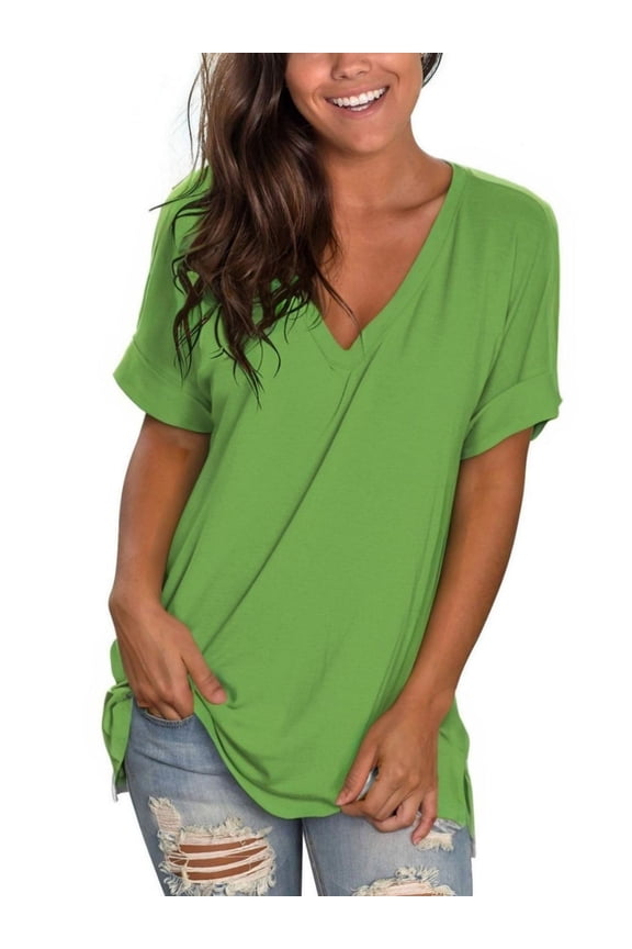 Women's V Neck T Shirts Casual Rolled Short Sleeve Side Split Summer Tops Loose Fit