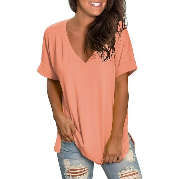 Women's V-Neck T-Shirts Casual Rolled Short Sleeve Side Split Summer Tops Loose Fit