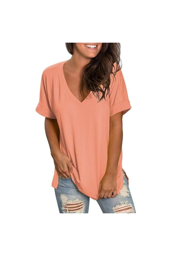 Women's V-Neck T-Shirts Casual Rolled Short Sleeve Side Split Summer Tops Loose Fit