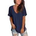 thumbnail image 1 of Women's V Neck T Shirts Casual Rolled Short Sleeve Side Split Summer Tops Loose Fit, 1 of 10