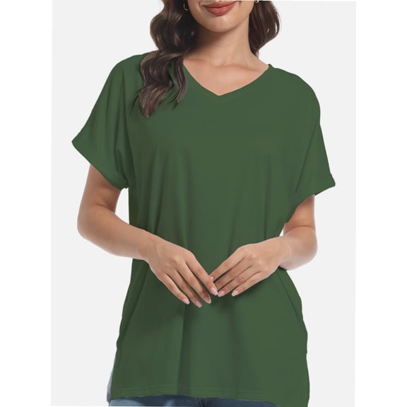 Women's V Neck T Shirts Casual Rolled Short Sleeve Side Split Summer Tops Loose Fit