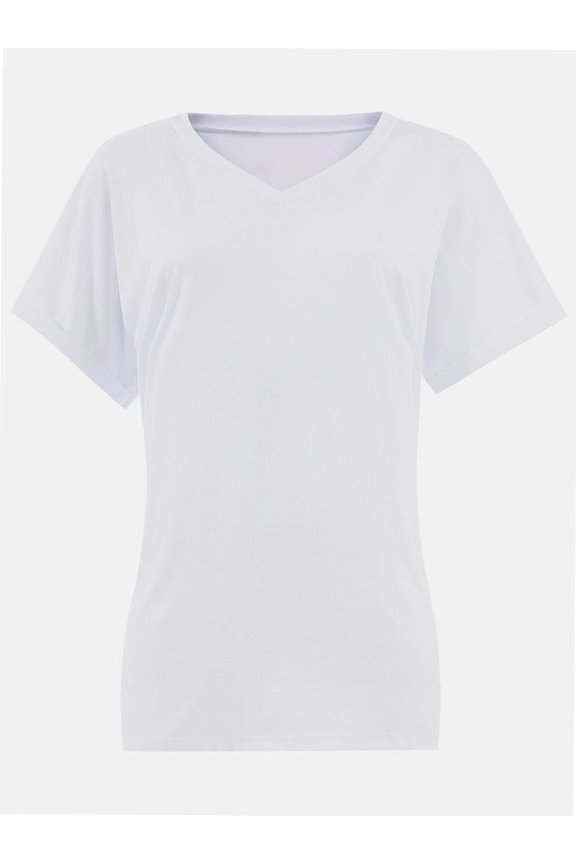 Women's V Neck T Shirts Casual Rolled Short Sleeve Side Split Summer Tops Loose Fit