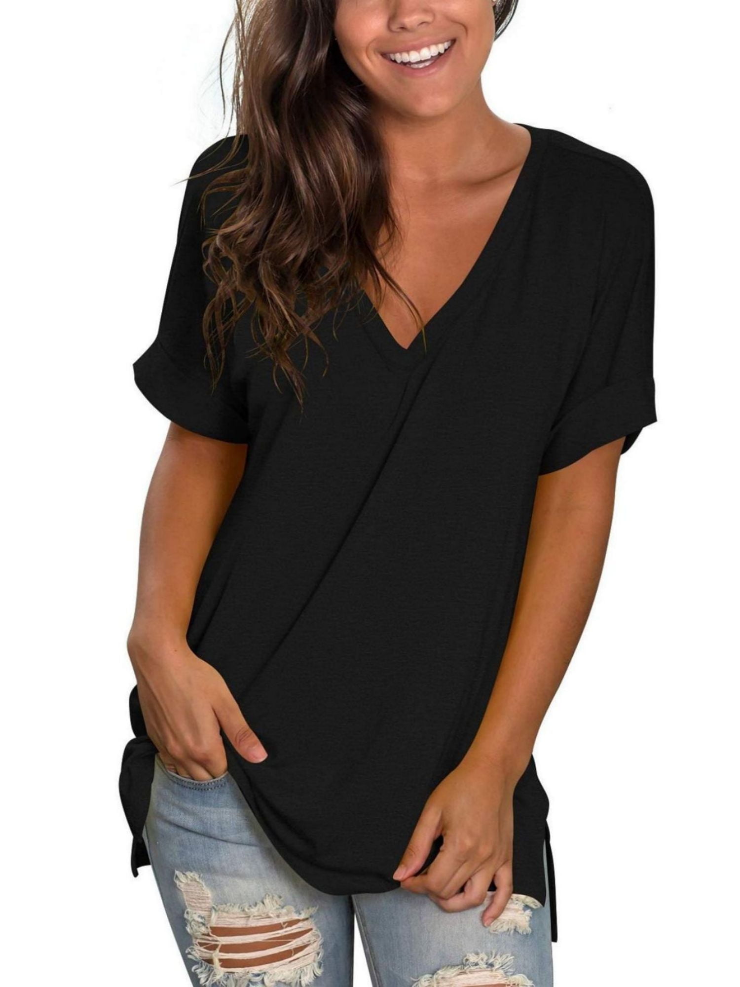 Women's V Neck T Shirts Casual Rolled Short Sleeve Side Split Summer ...