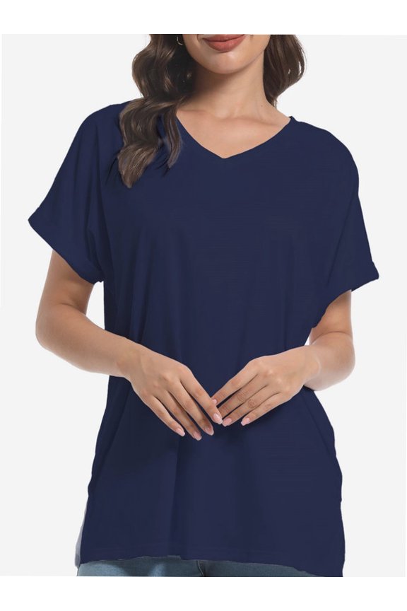 Women's V Neck T Shirts Casual Rolled Short Sleeve Side Split Summer Tops Loose Fit