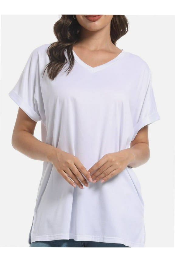Women's V Neck T Shirts Casual Rolled Short Sleeve Side Split Summer Tops Loose Fit