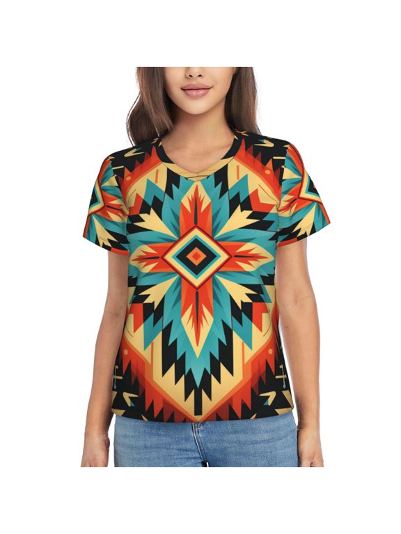 Women's V Neck T Shirts Casual Short Sleeve Tops Blouse, Aztec Baja Southwest Native Western Art
