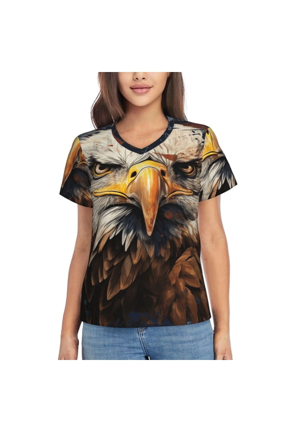 Women's V Neck T Shirts Casual Short Sleeve Tops Blouse, Bald Eagle And American Flag Cool