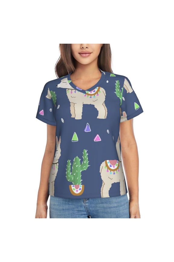 Women's V Neck T Shirts Casual Short Sleeve Tops Blouse, Cute Alpaca Cactus Peru Llama