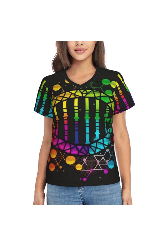 Women's V Neck T Shirts Casual Short Sleeve Tops Blouse, DNA Rainbow LGBT Pride Science