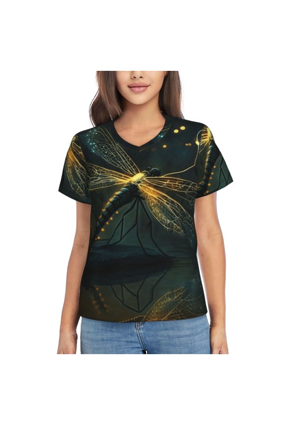 Women's V Neck T Shirts Casual Short Sleeve Tops Blouse, Dragonfly Dance Fireflies Art