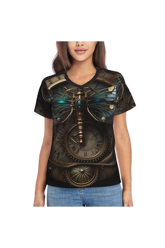 Women's V Neck T Shirts Casual Short Sleeve Tops Blouse, Dragonfly Dials Steampunk Art