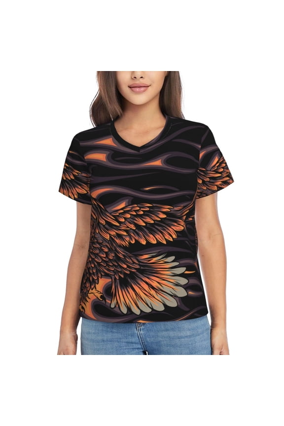 Women's V Neck T Shirts Casual Short Sleeve Tops Blouse, Flaming Eagle Fire