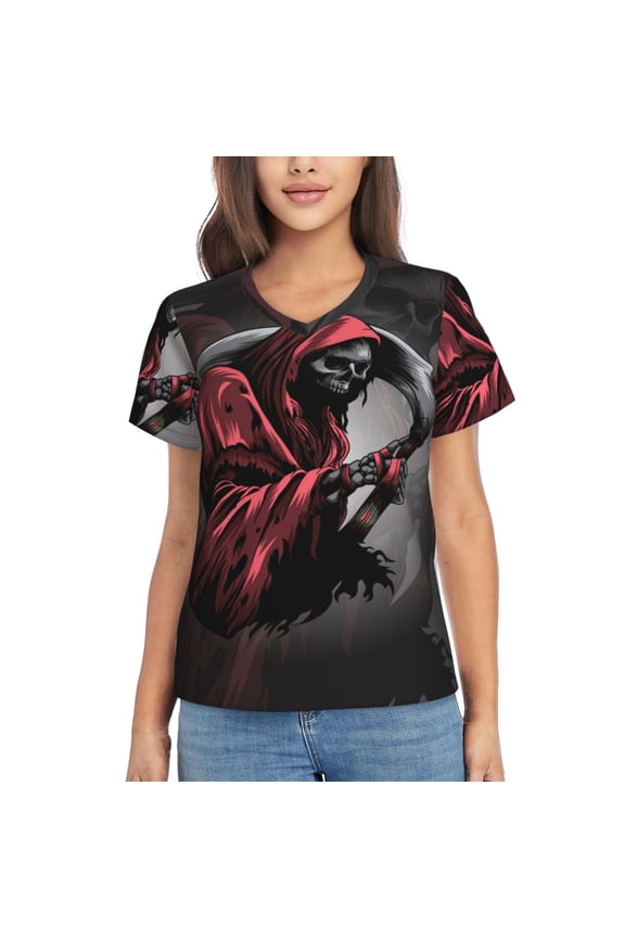 Women's V Neck T Shirts Casual Short Sleeve Tops Blouse, Gothic Death Skull Grim Reaper