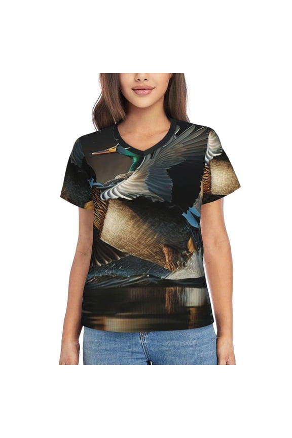 Women's V Neck T Shirts Casual Short Sleeve Tops Blouse, Mallards Duck Cool Hunting