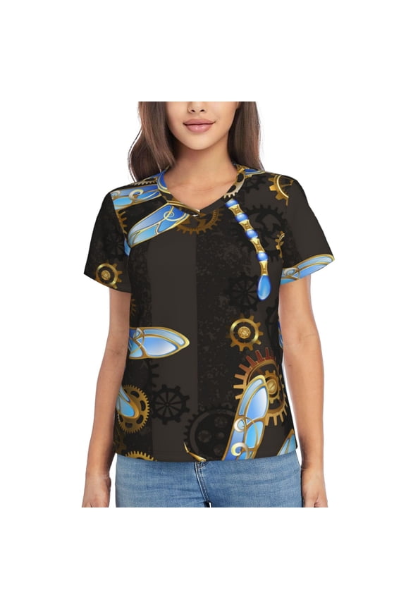 Women's V Neck T Shirts Casual Short Sleeve Tops Blouse, Mechanical Dragonflies Gold Steampunk