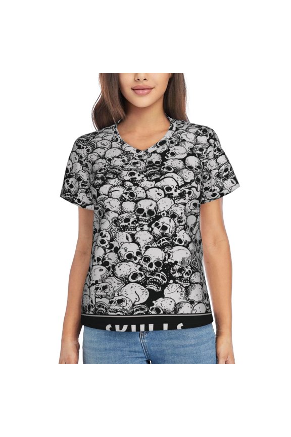 Women's V Neck T Shirts Casual Short Sleeve Tops Blouse, Skulls Head Gothic Skull