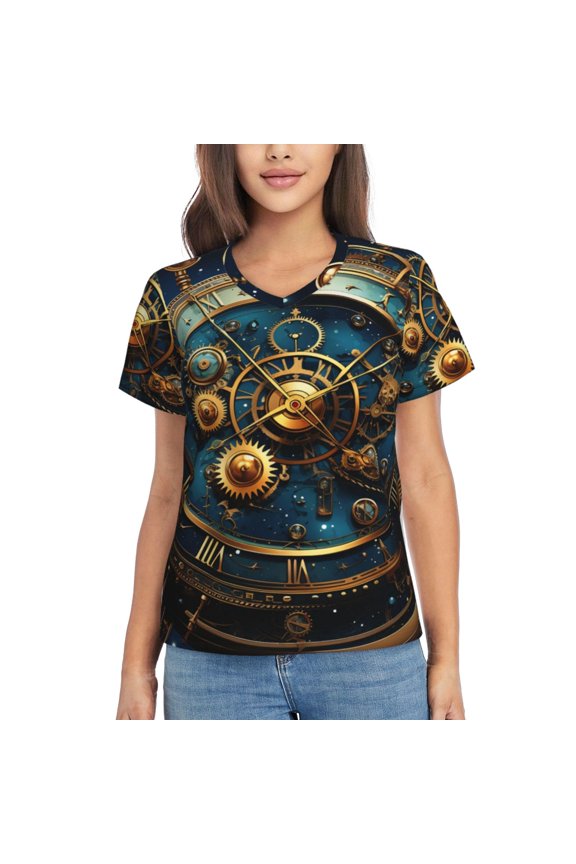 Women's V Neck T Shirts Casual Short Sleeve Tops Blouse, Steampunk Clockwork Wheels Starry