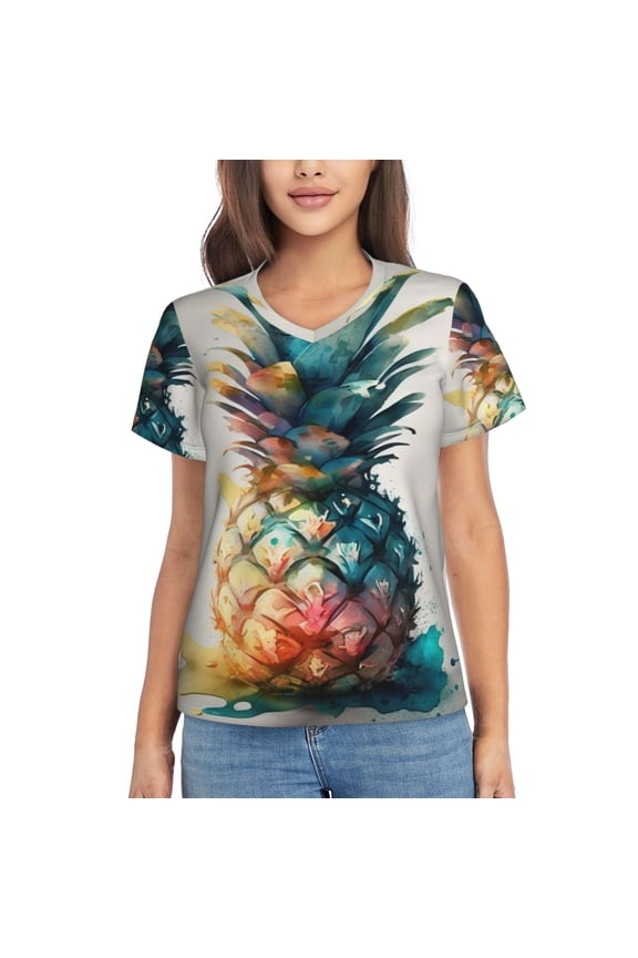 Women's V Neck T Shirts Casual Short Sleeve Tops Blouse, Watercolor Pineapple Art