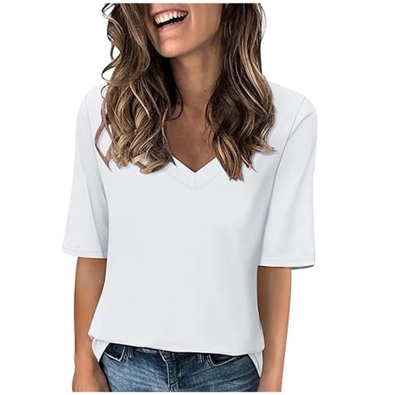 Women's V Neck T Shirts Half Sleeve Tops Basic Summer Tees Casual Outfits Fall Solid Color Clothing