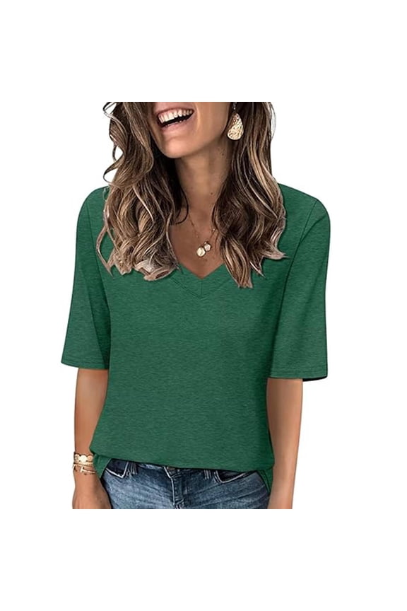 Women's V Neck T Shirts Half Sleeve Tops Elbow Length Casual Summer Tees Loose Fit Plain Tshirts (2XL, Green)