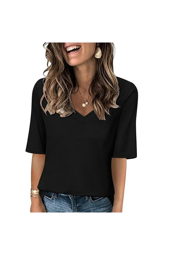 Women's V Neck T Shirts Half Sleeve Tops Elbow Length Casual Summer Tees Loose Fit Plain Tshirts (XL, Black)