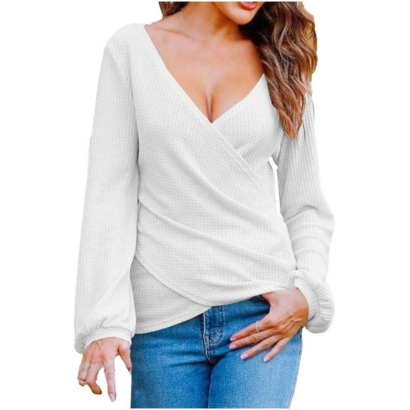 Women's V Neck T Shirts Long Sleeve Solid Color Wrap Crossover Tops Waffle Casual Loose Lightweight Tunic Blouse (XL, White)