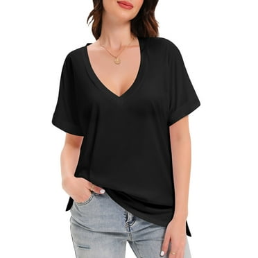 Women's V Neck T Shirts Short Rolled Sleeve Loose Fit Tops Side Split Summer Tees