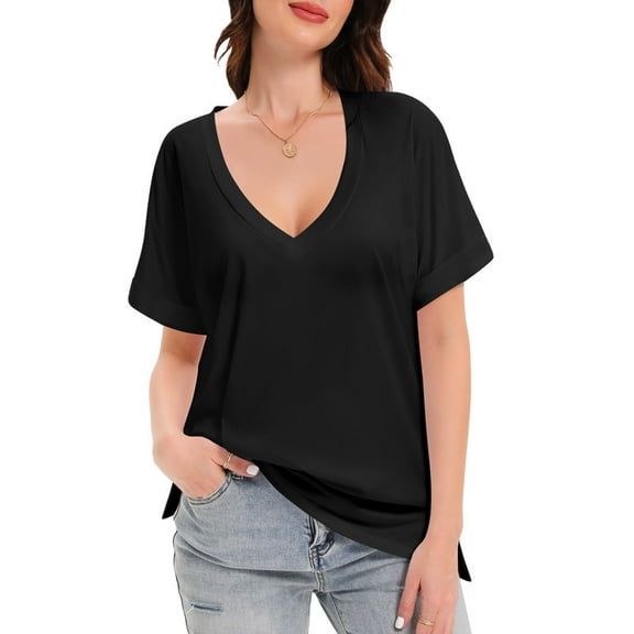 Women's V Neck T Shirts Short Rolled Sleeve Loose Fit Tops Side Split Summer Tees