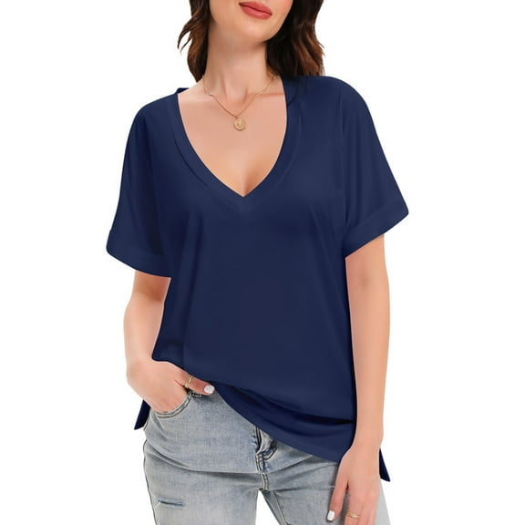 Women's V Neck T Shirts Short Rolled Sleeve Loose Fit Tops Side Split Summer Tees