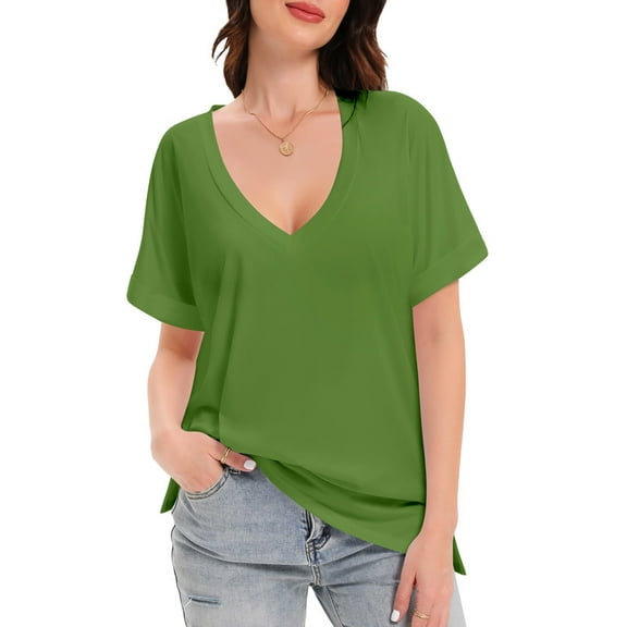 Women's V Neck T Shirts Short Rolled Sleeve Loose Fit Tops Side Split Summer Tees