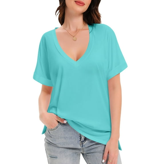 Women's V Neck T Shirts Short Rolled Sleeve Loose Fit Tops Side Split Summer Tees